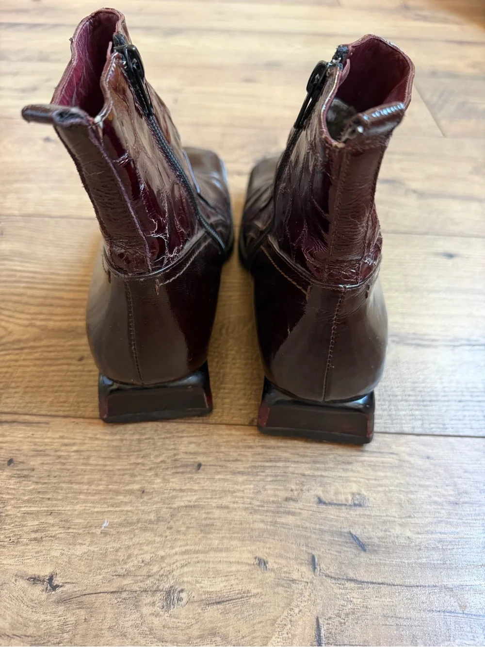 Vintage 90s Italian Patent Leather Shearling Boots Geometric Heel Vibram fits 7
